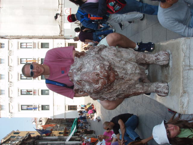 Chet riding the lion next to Basilica San Marco